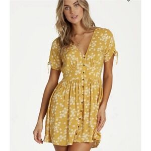 Billabong Yellow Floral Mini Dress Button Up SZ-Medium 100% Vicose